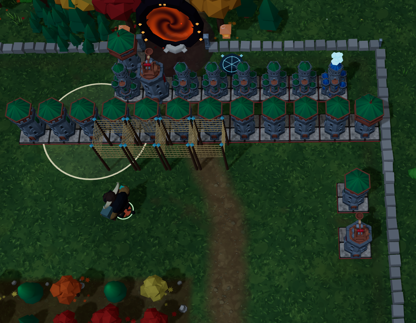 A player's developed maze of upgraded towers and air nets near the glowing enemy portal