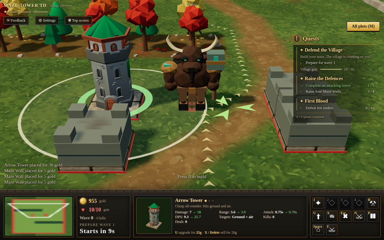 The horned Warden beside an arrow tower and maze walls in an autumn woodland