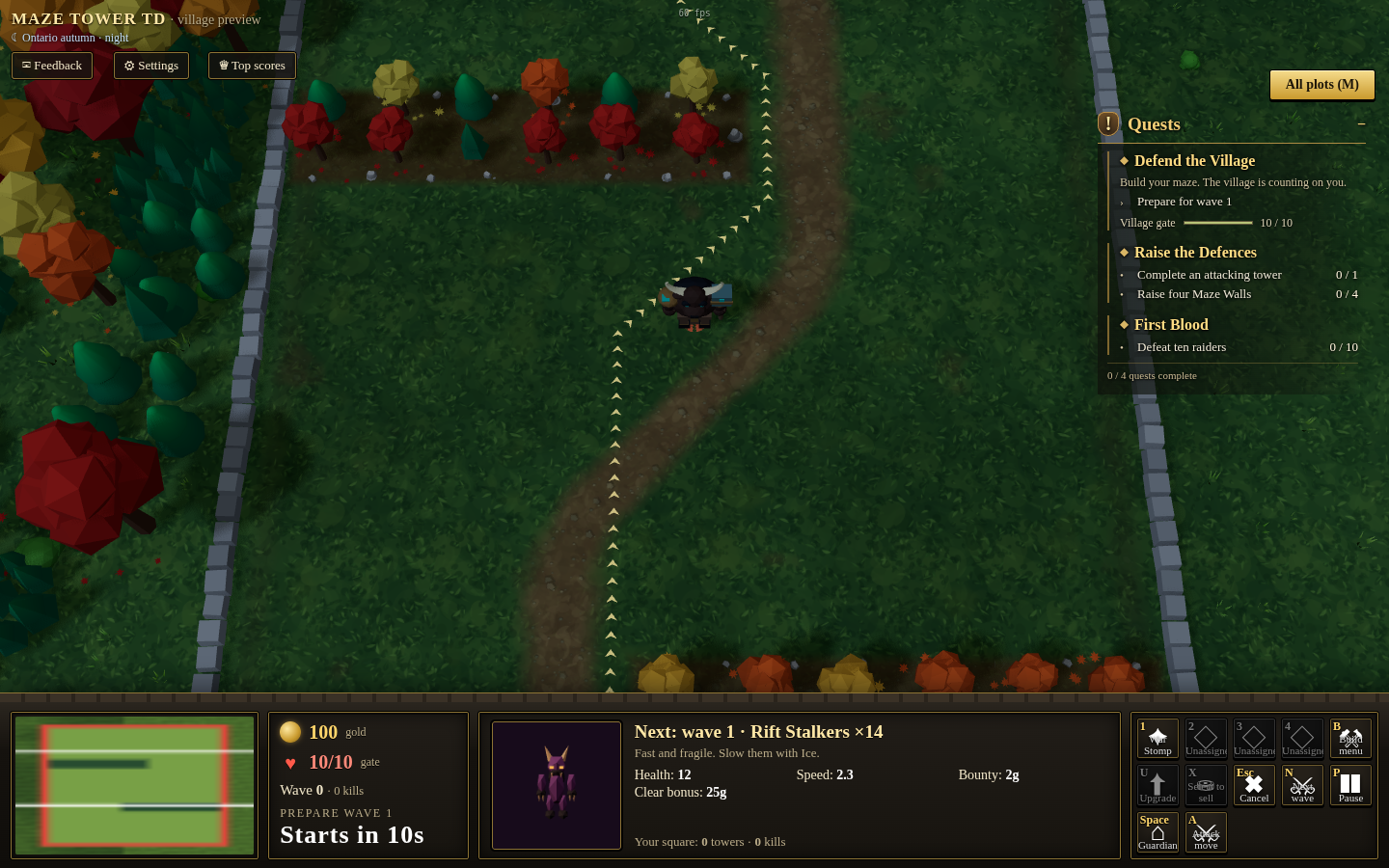The same woodland battlefield under the game's blue night lighting